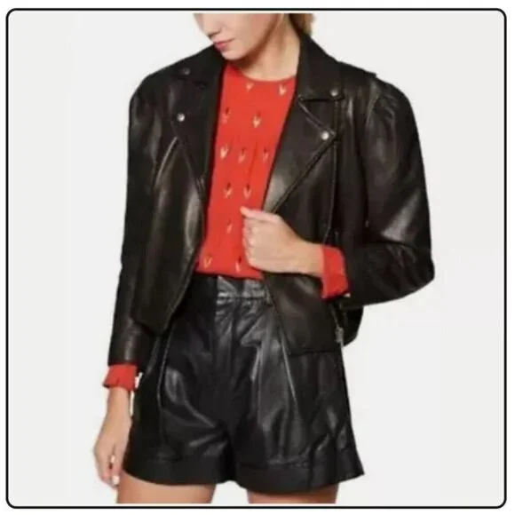 NWT Joie Black Leather Moto Jacket Lambskin Cropped Puff 3/4 Sleeve Biker Jacket - Picture 2 of 16